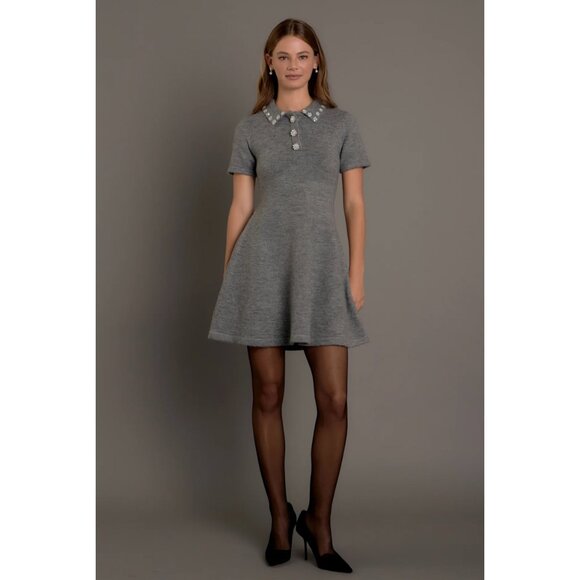 New English Factory Rhinestone Collar Polo Sweater Dress Grey XS - Picture 3 of 9